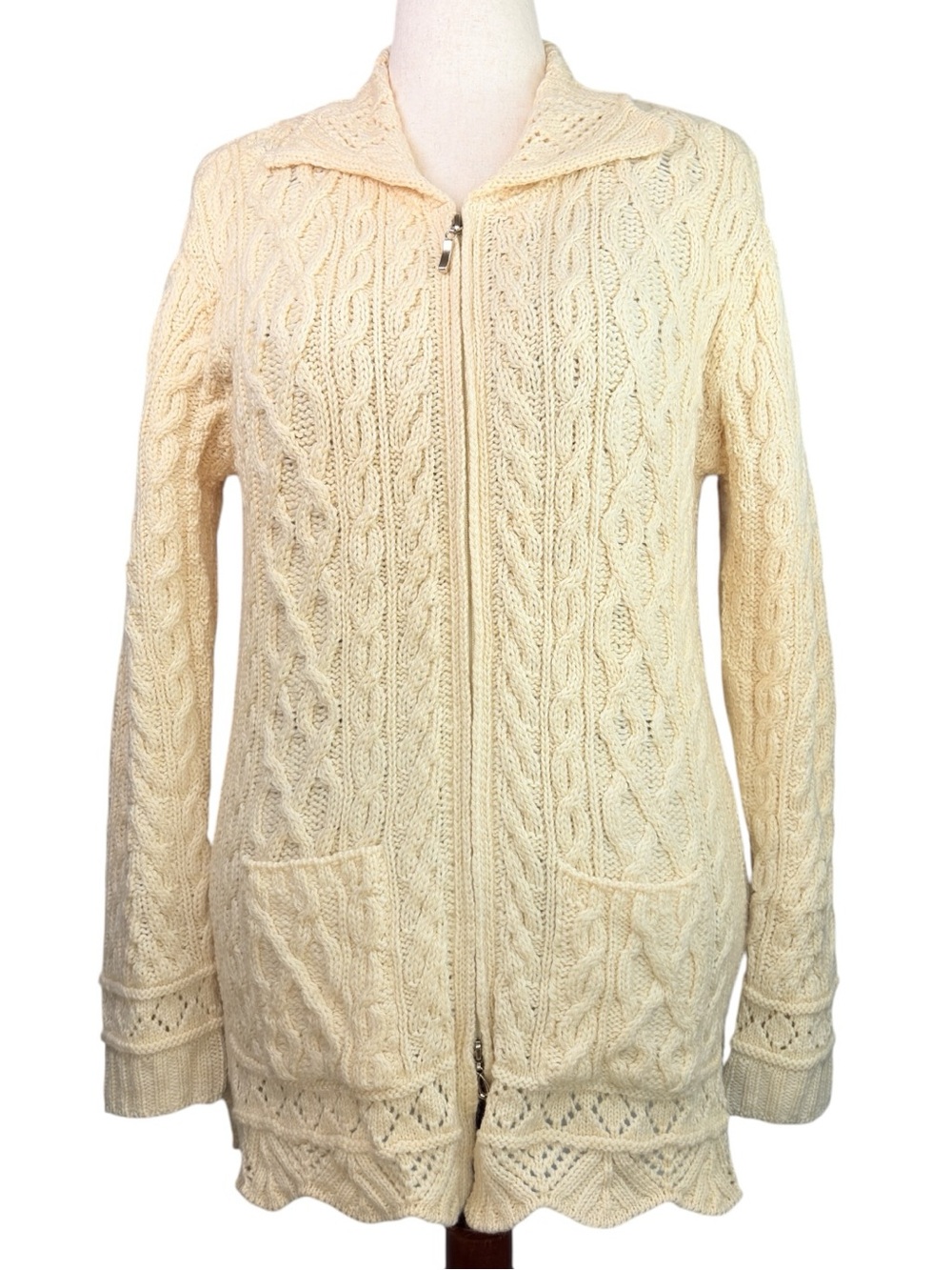 Inis Crafts Irish Merino Wool Aran Cable Knit Eyelet Scalloped Zip Cardigan  L